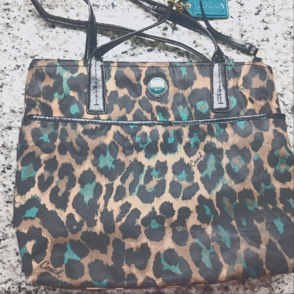Coach Game Ocerot Print Tote Multi-Color JADE Leopard Print